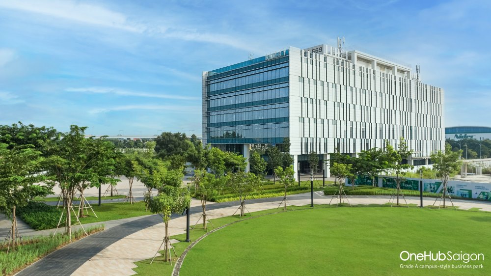 Large low-rise office building with a high density of green space