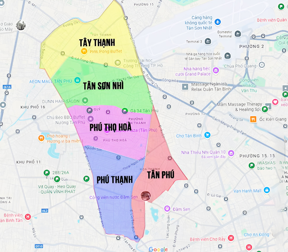 Bản đồ các phường quận Tân Phú sau sáp nhập